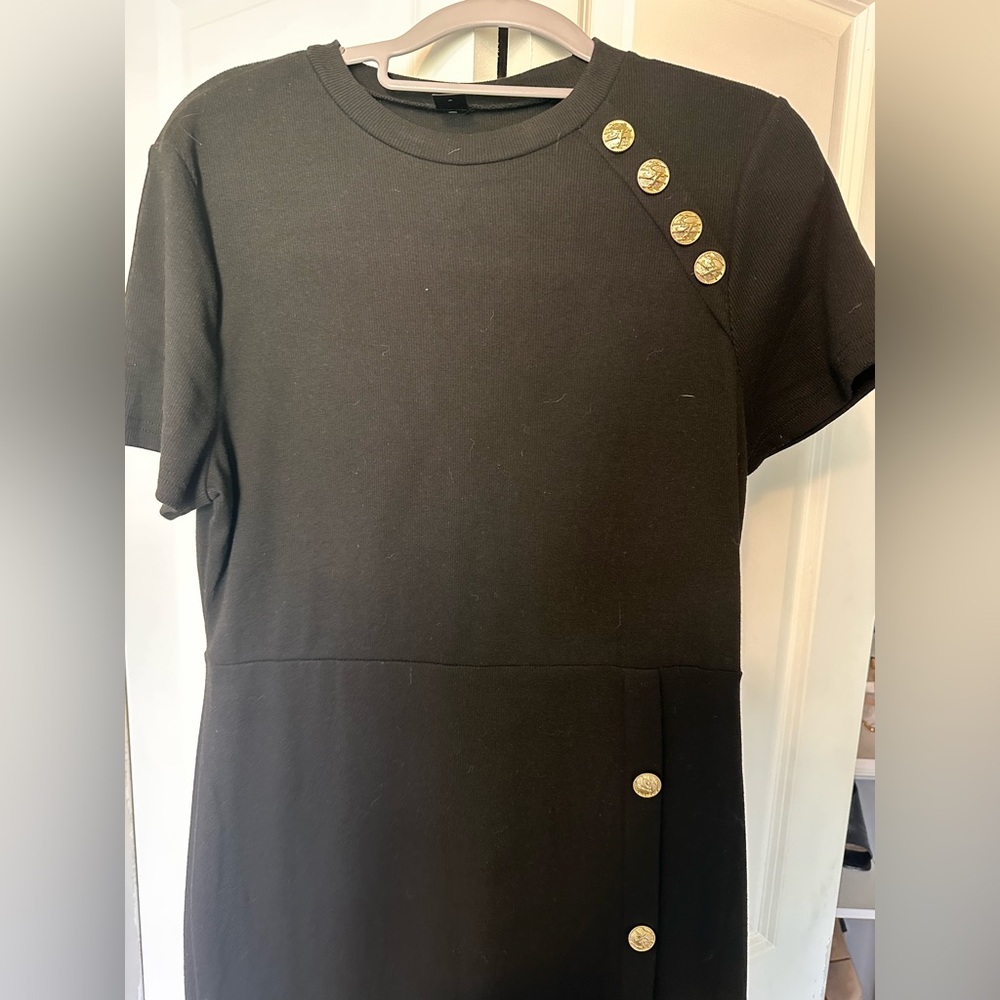 Ribbed Black midi Dress with Gold Button Accents Sz. XL